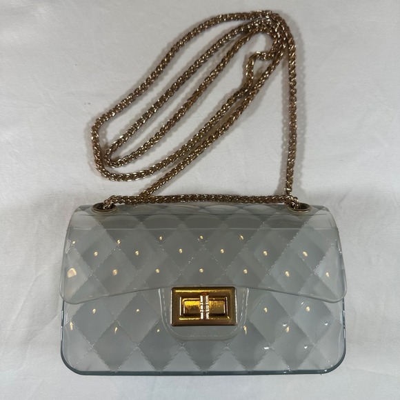 Handbags - Clear Quilted Jelly Crossbody Mini Bag Shoulder Purse 6.25"x 4" Gold Chain Strap